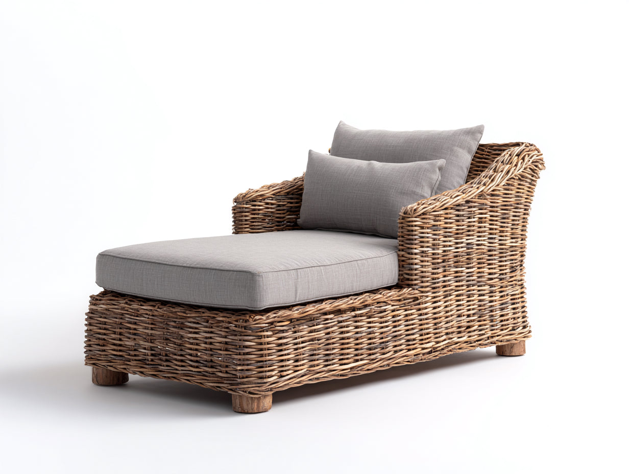 Lettino prendisole - rattan-tessuto-legno - 185x76x82 cm - marrone naturale-grigio - stile naturale moderno