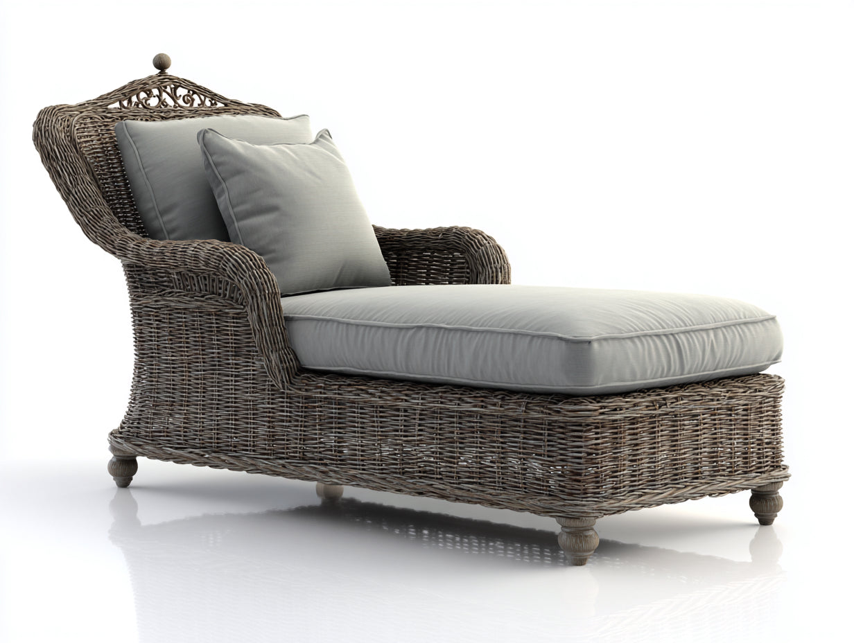 Lettino prendisole - rattan-tessuto-legno - 194x76x92 cm - grigio naturale-grigio chiaro - stile classico decorativo