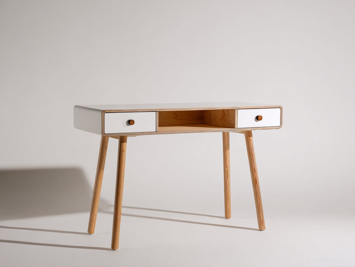 Scrivania - Legno - 110x45x78 cm - Bianco-Naturale - Stile nordico con cassetti e vano aperto