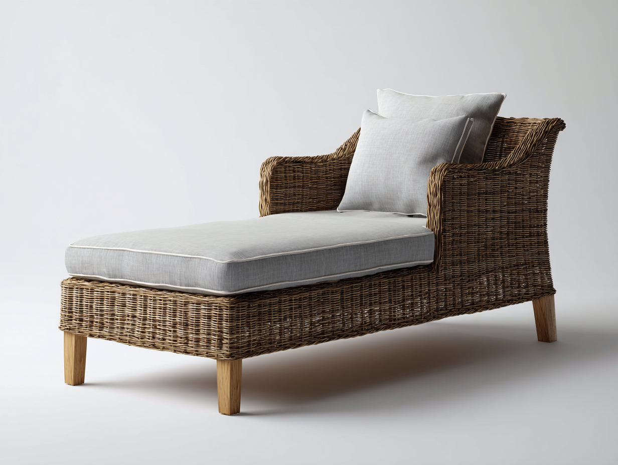 Lettino prendisole - rattan-tessuto-legno - 192x78x86 cm - marrone-grigio chiaro - stile naturale moderno