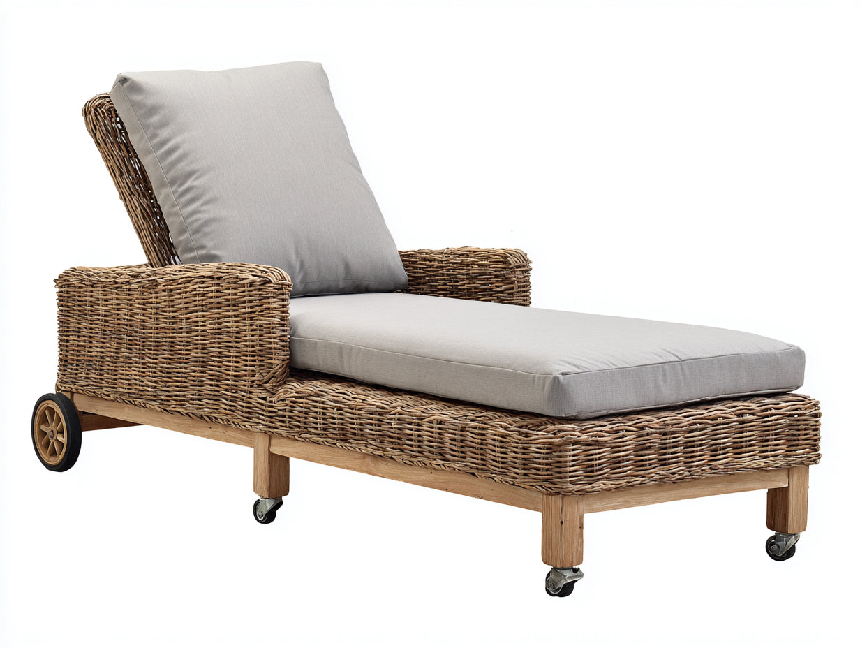 Lettino prendisole - rattan-tessuto-legno-metallo - 196x73x91 cm - marrone naturale-grigio chiaro - stile naturale moderno
