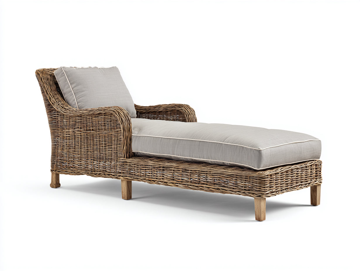 Lettino prendisole - rattan-tessuto-legno - 190x75x88 cm - marrone chiaro-grigio chiaro - stile naturale moderno